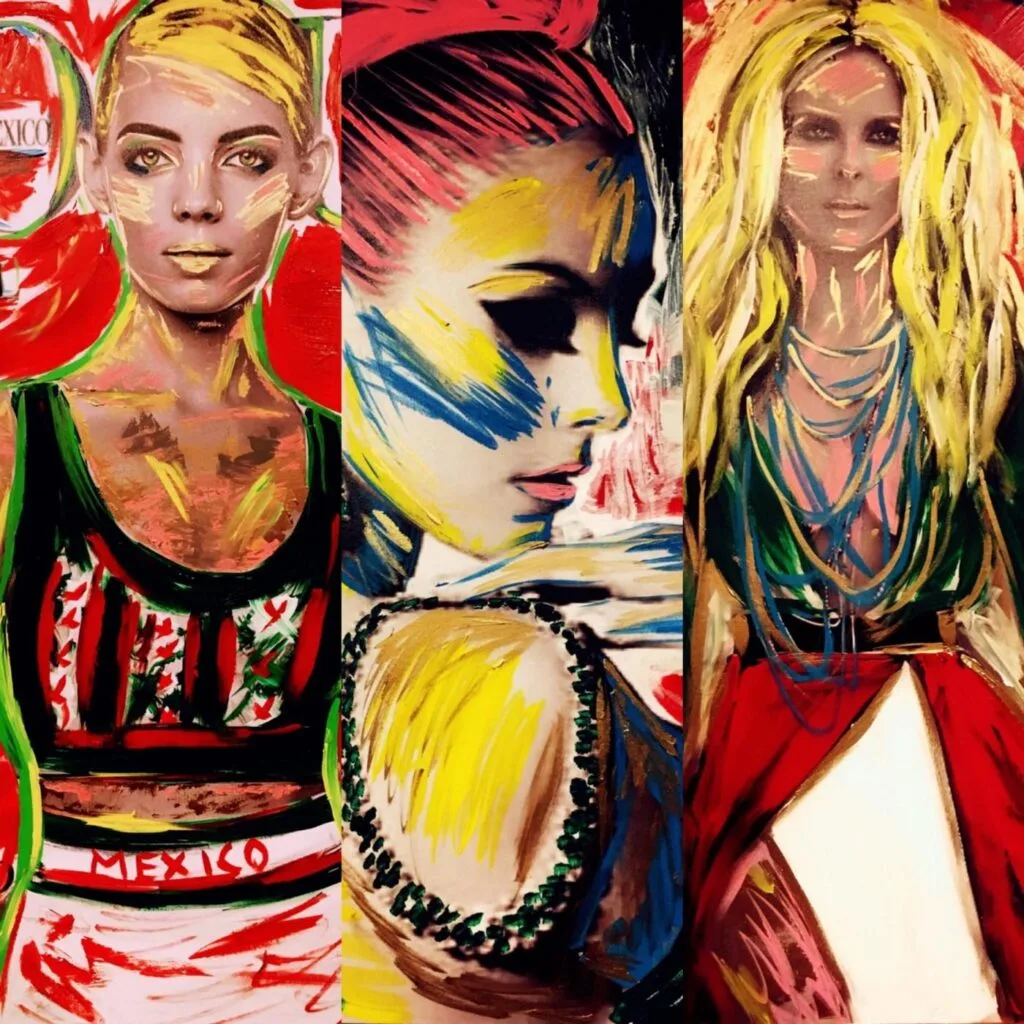 A triptych of Gilda Garza’s painted images Top Model The Queen of the Universe and Ella La Noble