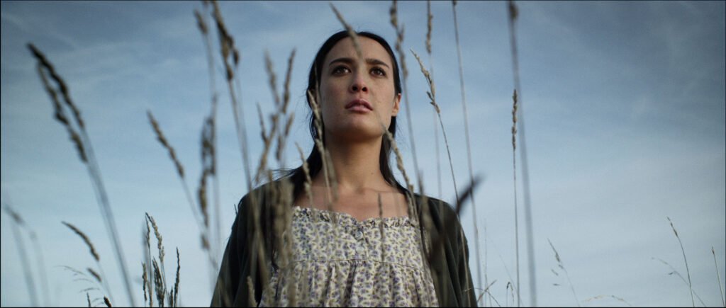 A woman, reminiscent of a contemplative actress, gazes upward with a serious expression, standing among tall grasses. She wears a floral dress and dark jacket against the clear blue sky. The low angle offers a dramatic scene, blending grass in the foreground with the vast sky beyond.