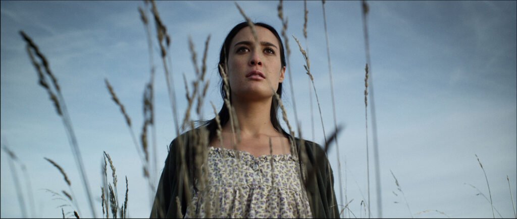 A woman, reminiscent of a contemplative actress, gazes upward with a serious expression, standing among tall grasses. She wears a floral dress and dark jacket against the clear blue sky. The low angle offers a dramatic scene, blending grass in the foreground with the vast sky beyond.