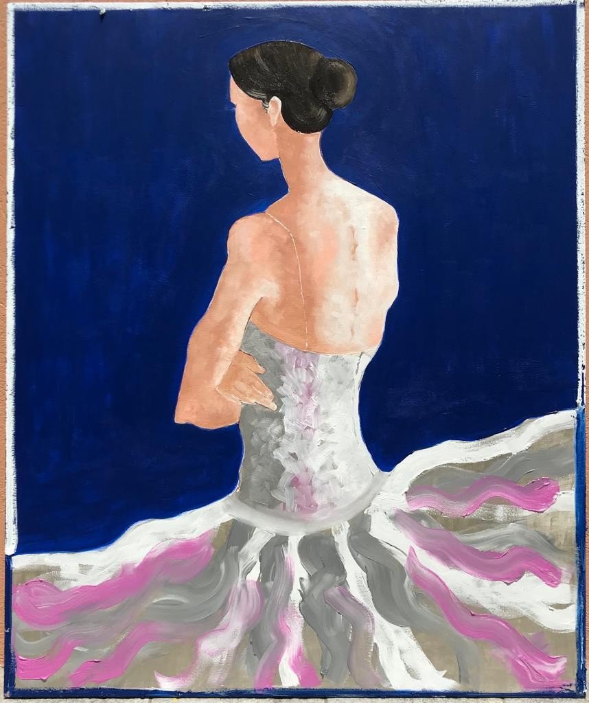 Painting of a ballerina from behind against a navy blue background. She has dark hair in a bun and wears an off-shoulder dress with a flowing skirt. The dress has pink and gray brushstrokes, adding texture and movement to the piece. Her arms are gracefully positioned.