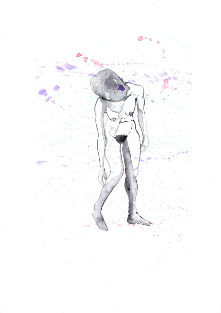 EPSON MFP image Watercolor painting of an abstract, slender humanoid figure with an oversized, round head. The figure is mostly gray with hints of purple and pink, appearing to walk forward. The background features splatters of purple and pink, creating a dynamic, ethereal effect.