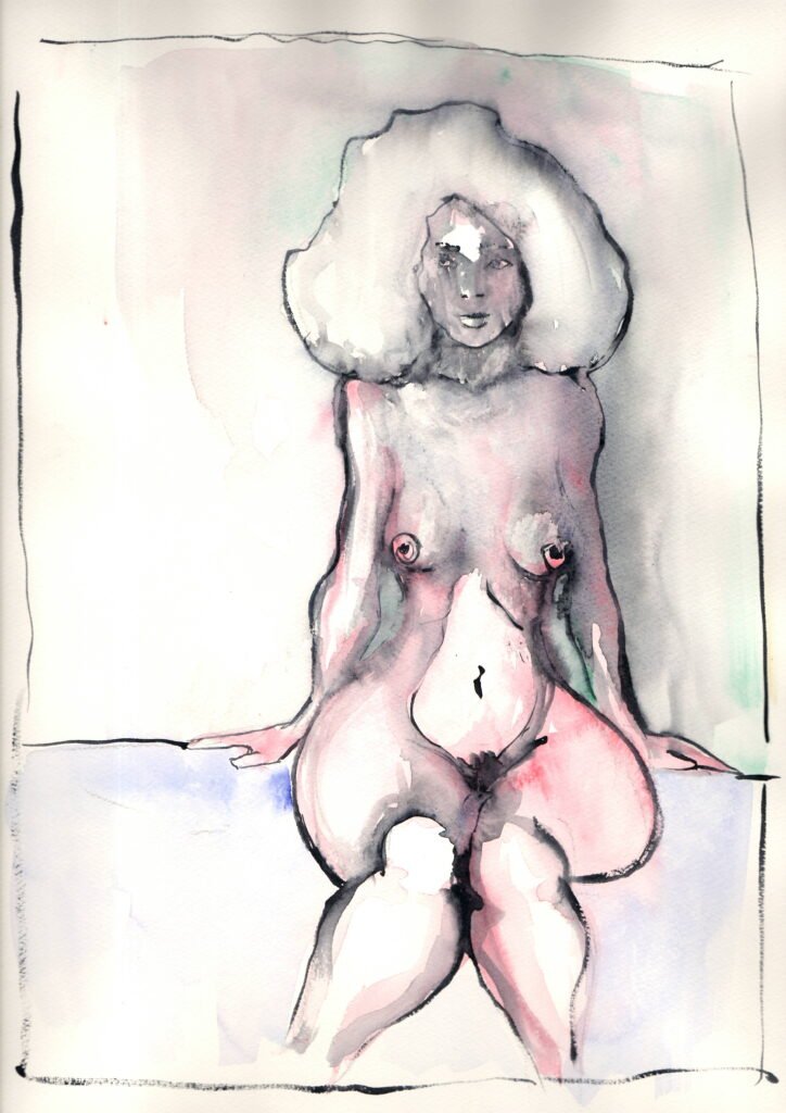 Watercolor painting of a nude figure with distinct, flowing lines and soft pastel hues. The person is seated, leaning back slightly, with an afro hairstyle. The background is a blend of muted grays and pinks. The style is abstract with emphasis on form and emotion.