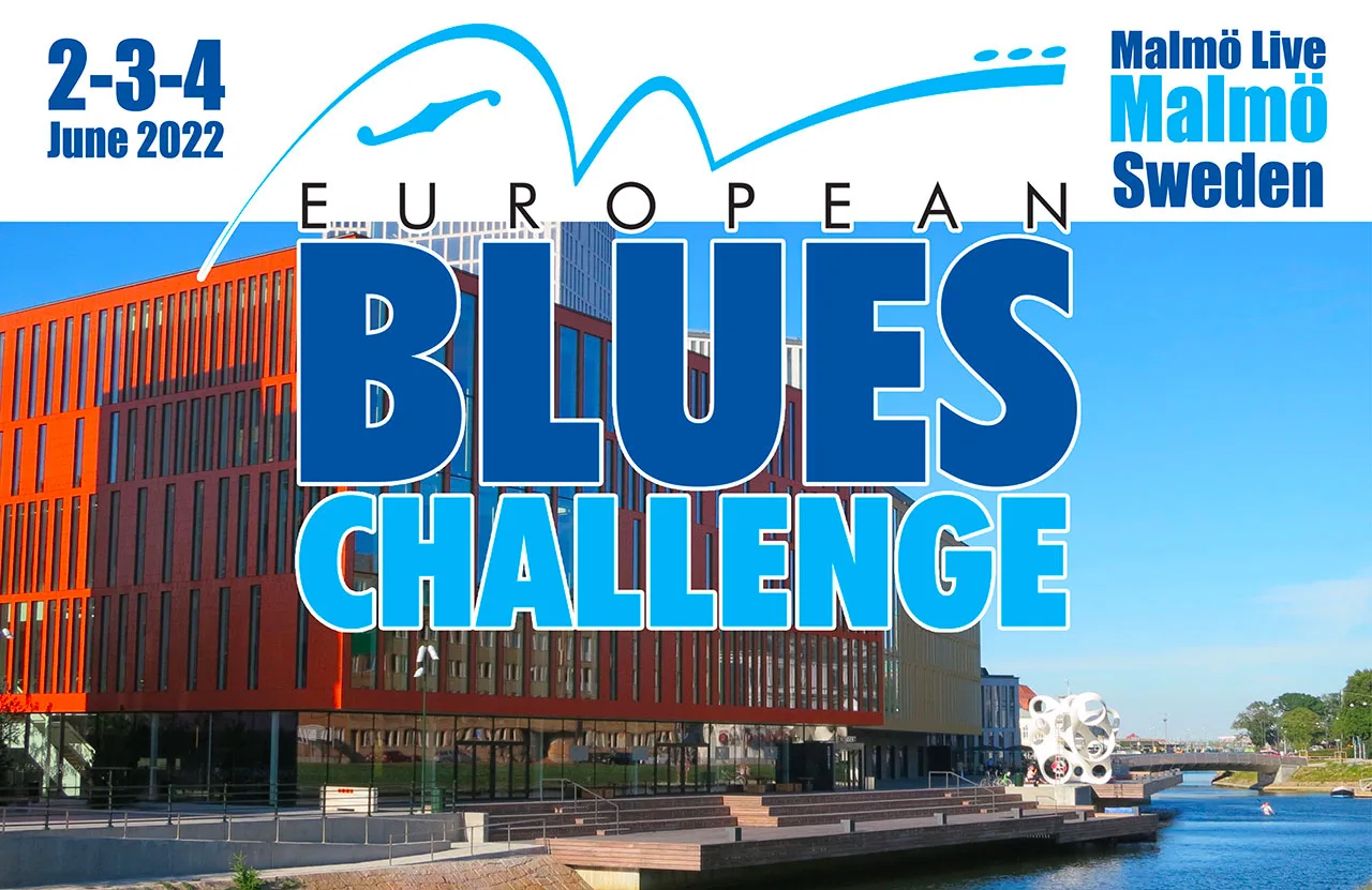 European Blues Challenge poster for June 2-4, 2022, at Malmö Live, Sweden. A large "Blues Challenge 2022" text overlays a modern red building by a canal, with sculpture and blue sky in the background. Event dates and location are elegantly displayed in the corners.