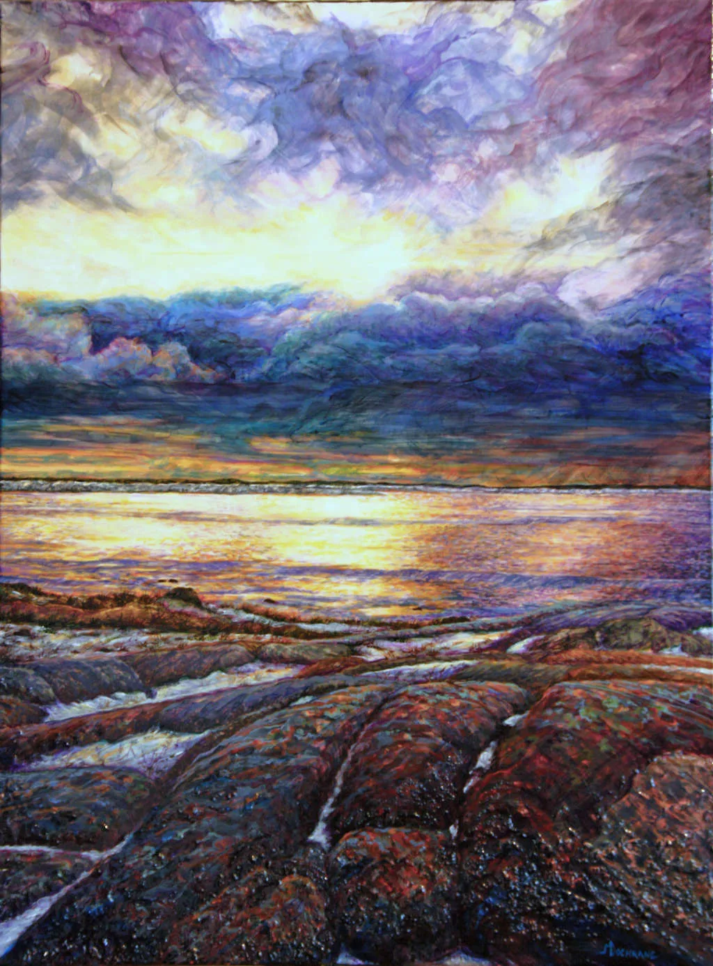 Vivid painting of a rocky shoreline at sunset by Marilyn Cochrane. The sky is filled with dramatic purple and yellow clouds, reflecting on the tranquil water. Foreground features textured rocks with brown and green hues, leading the eye towards the glowing horizon—a highlight of her solo exhibit.