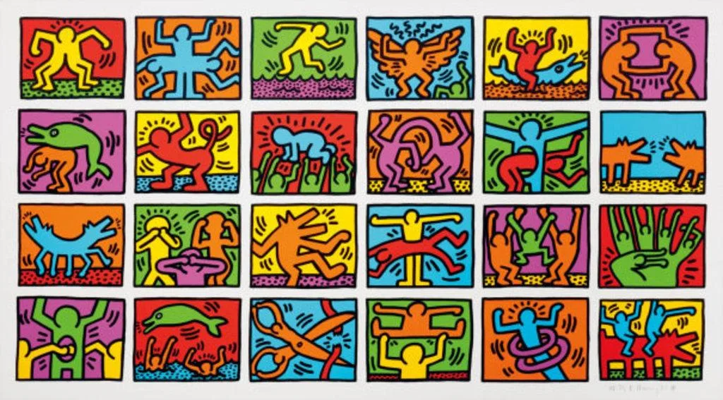 A colorful grid of abstract, cartoon-like figures reminiscent of street artist flair. Each square bursts with vibrant yellows, blues, reds, and greens framed by bold black outlines. Dancing and jumping figures animate the space alongside simple objects and shapes.