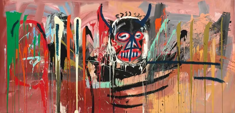An abstract painting by a renowned street artist features a central figure with a black face, red eyes, and horns. The background is alive with the bold, chaotic brushstrokes typical of street art, using red, black, white, and green to evoke movement and raw intensity.