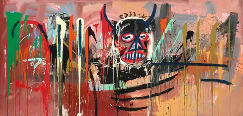 An abstract painting by a renowned street artist features a central figure with a black face, red eyes, and horns. The background is alive with the bold, chaotic brushstrokes typical of street art, using red, black, white, and green to evoke movement and raw intensity.