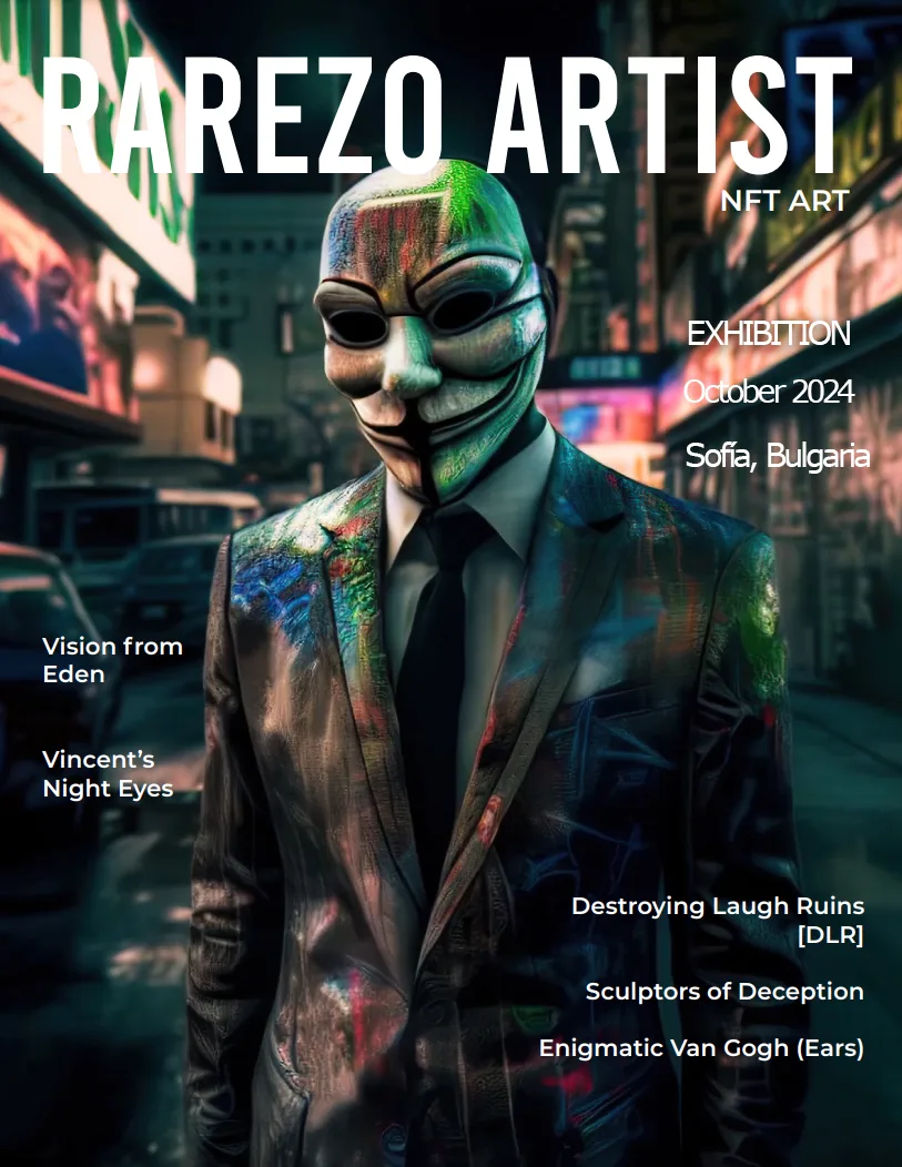 A person in a suit and tie wears a glowing, colorful mask resembling the Anonymous mask. The background is a city street at night with bright neon lights. Text features details about Rarezo's VR NFT art exhibition in Sofia, Bulgaria, October 2024, showcasing pieces like "Vision from Eden.