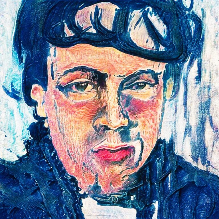 Colorful expressionist painting of a person with short hair, wearing goggles on their head and a jacket, gazing forward. The background features swirling blues and whites, lending an abstract feel. Brushstrokes are thick, with vibrant blues, reds, and browns dominating the portrait.