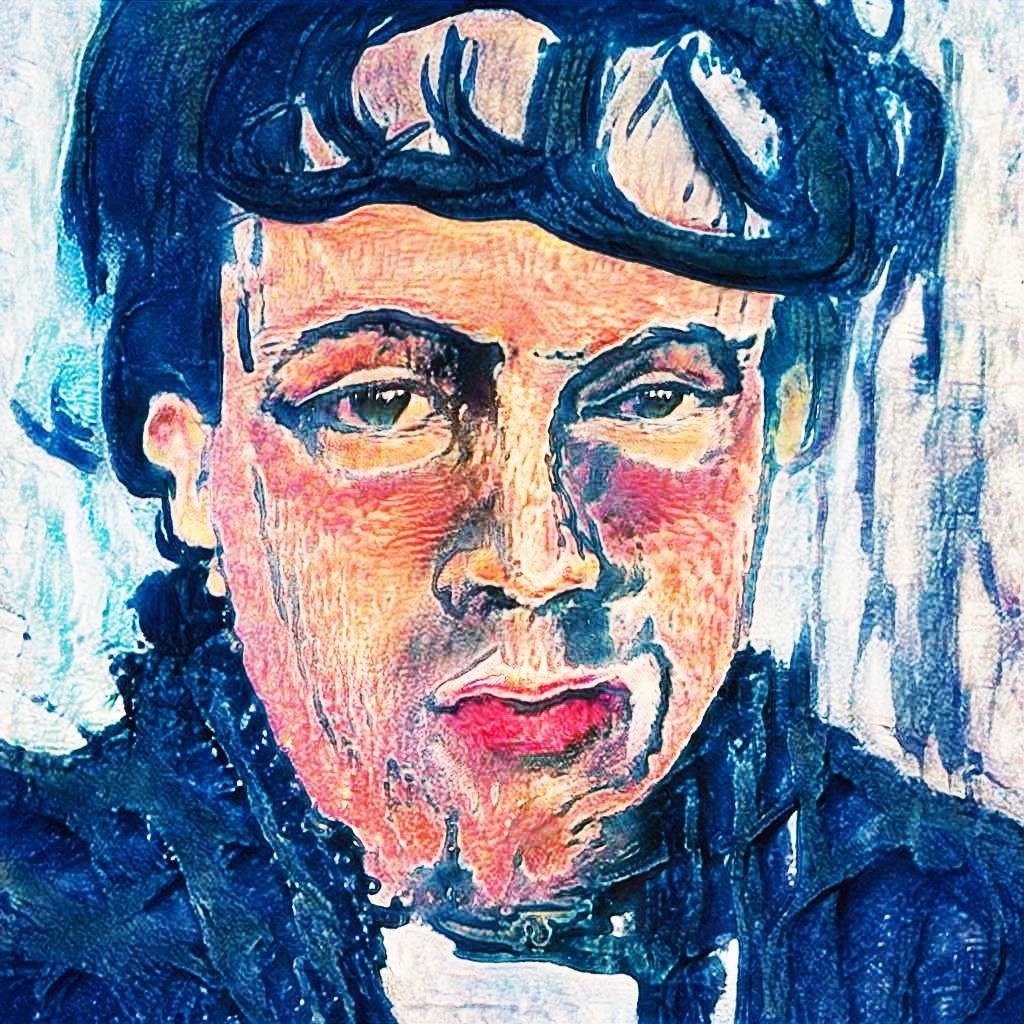 Colorful expressionist painting of a person with short hair, wearing goggles on their head and a jacket, gazing forward. The background features swirling blues and whites, lending an abstract feel. Brushstrokes are thick, with vibrant blues, reds, and browns dominating the portrait.
