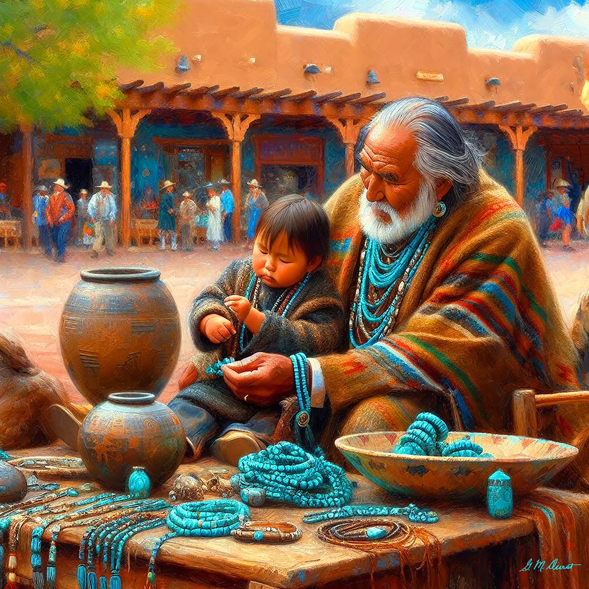 An elderly man with long white hair and a young child sit at a table adorned with turquoise jewelry in a vibrant marketplace. The man is wearing a striped blanket and beaded necklace, gently holding the child. Clay pots are displayed nearby. People and adobe buildings are in the background.