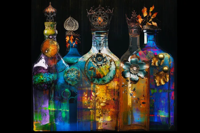 Colorful glass bottles with intricate, nature-inspired metal and organic decorations, such as leaves and flowers, set against a dark backdrop. Vibrant blues, oranges, and yellows dominate, reflecting light and creating a magical, ethereal appearance.