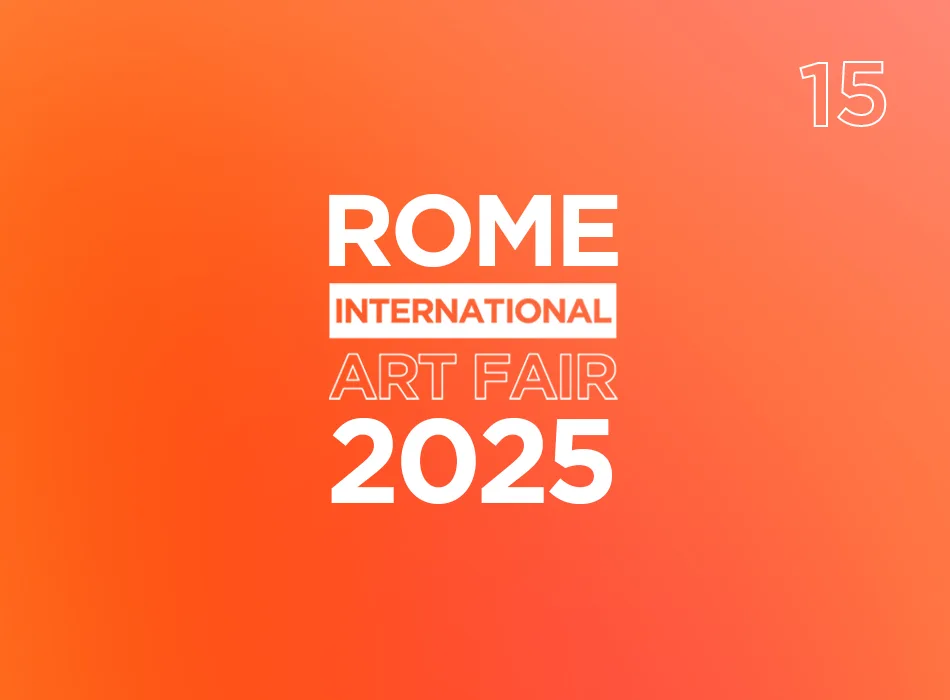 White text on an orange gradient background reads: “ROME INTERNATIONAL ART FAIR 2025.” The word “INTERNATIONAL” is in a white box. The number “15” appears in the top right corner in an outlined font.