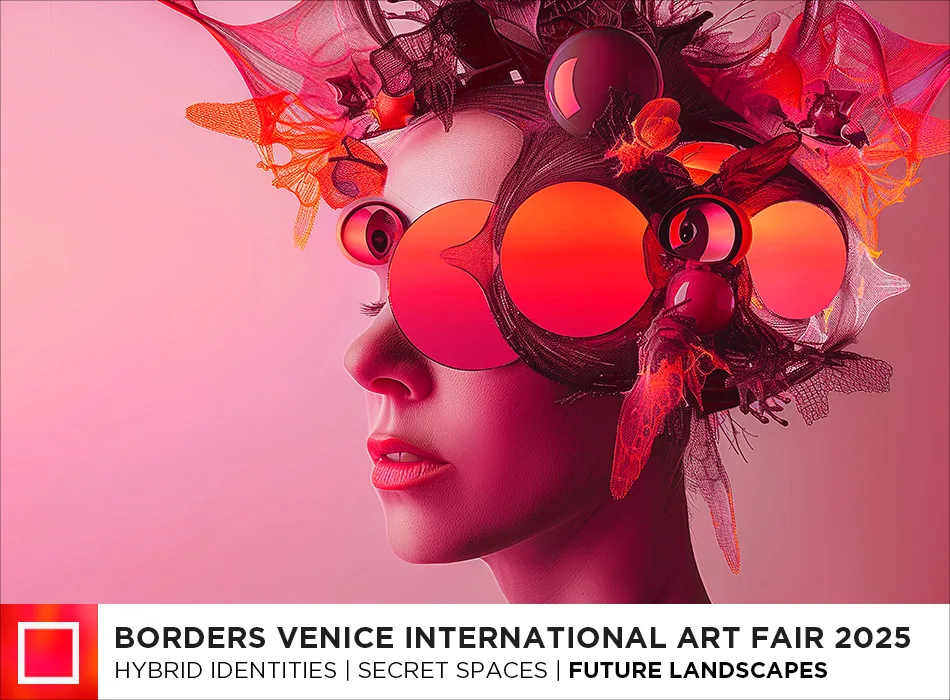A woman with glossy red lips wears futuristic, oversized, circular sunglasses and an elaborate headpiece of translucent shapes. The pink and red hues dominate the image. Text reads: “BORDERS VENICE INTERNATIONAL ART FAIR 2025: Hybrid Identities | Secret Spaces | Future Landscapes.”.