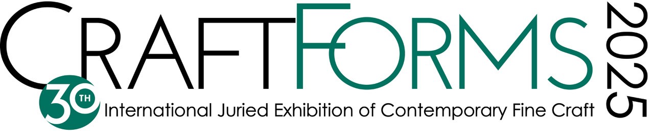 Logo for “CraftForms 2025,” the 30th International Juried Exhibition of Contemporary Fine Craft. “30th” is inside a green circle overlapping the word “Craft.” The text is in bold black and green modern fonts, with “2025” vertical on the right.