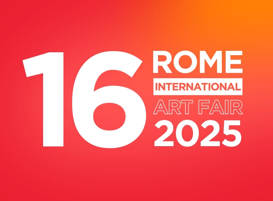 White bold text on a red-orange gradient background reads: "16 ROME INTERNATIONAL ART FAIR 2025." "INTERNATIONAL" is in a white box. The design is modern and vibrant, promoting the 16th edition of the Rome International Art Fair in 2025.