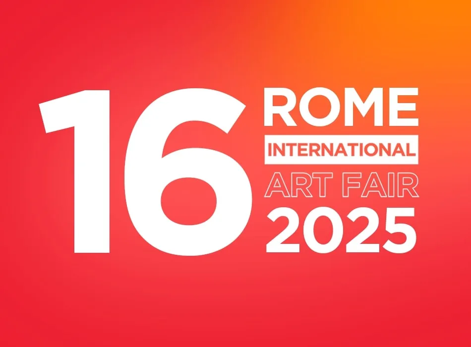 White bold text on a red-orange gradient background reads: "16 ROME INTERNATIONAL ART FAIR 2025." "INTERNATIONAL" is in a white box. The design is modern and vibrant, promoting the 16th edition of the Rome International Art Fair in 2025.