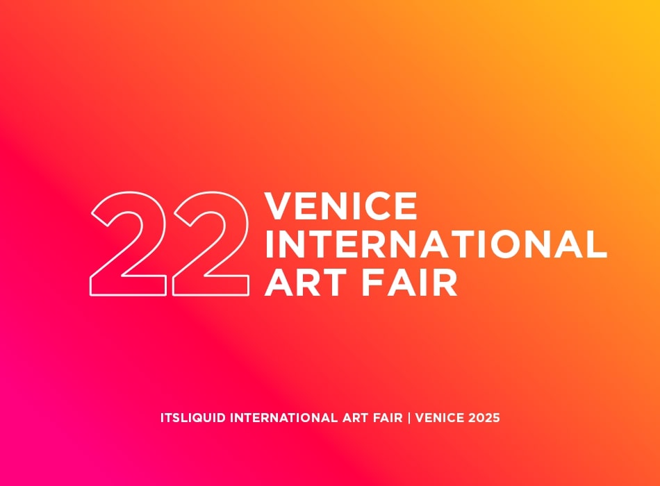 A vibrant gradient background from pink to orange displays large outlined numbers "22" and bold white text "Venice International Art Fair." At the bottom, smaller text reads "ITSLIQUID International Art Fair | Venice 2025.
