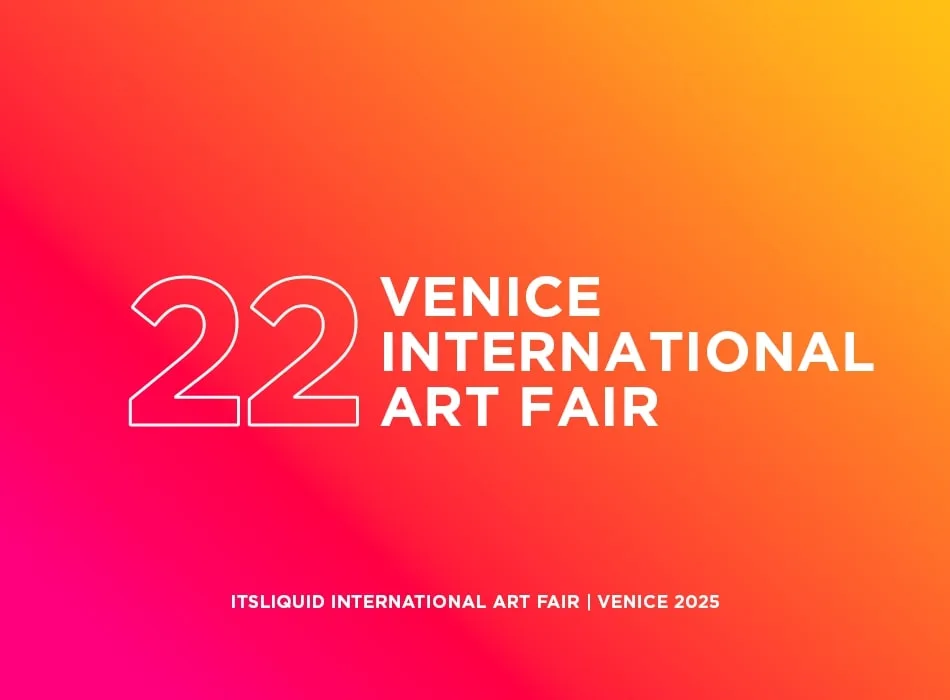A vibrant gradient background from pink to orange displays large outlined numbers "22" and bold white text "Venice International Art Fair." At the bottom, smaller text reads "ITSLIQUID International Art Fair | Venice 2025.