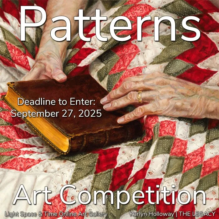 An elderly person's hands hold an old book on a colorful quilt with red, green, and white patterns. Overlaid text announces a "Patterns Art Competition" with a deadline of September 27, 2025. The scene suggests creativity and tradition.