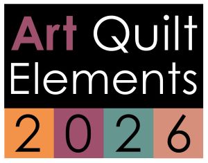 A graphic logo with the words “Art Quilt Elements” in large text on a black background. Below, four colored squares—orange, mauve, teal, and brown—each display a single black digit, together reading “2026.”.