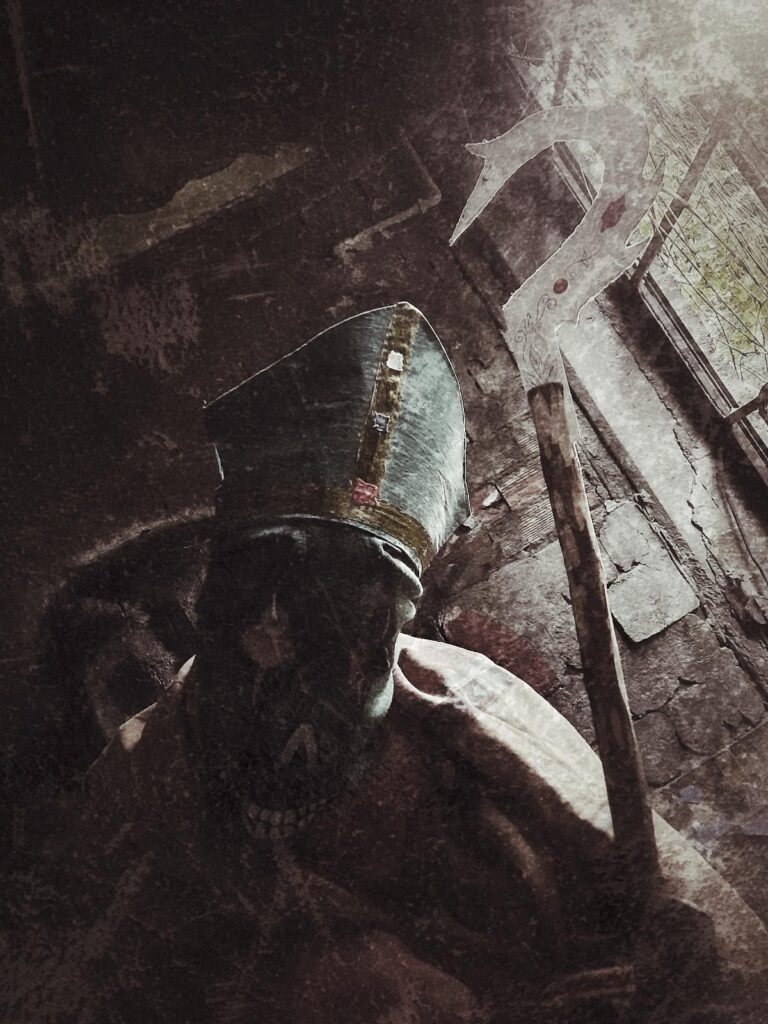 A person in a bishop’s mitre and robe, wearing a gas mask, holds a large medieval axe in a gritty room. Dramatic light and cracked walls evoke a dark, surreal atmosphere—perfect for a Gothic Multimedia Project.