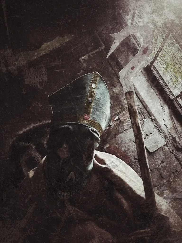 A person in a bishop’s mitre and robe, wearing a gas mask, holds a large medieval axe in a gritty room. Dramatic light and cracked walls evoke a dark, surreal atmosphere—perfect for a Gothic Multimedia Project.