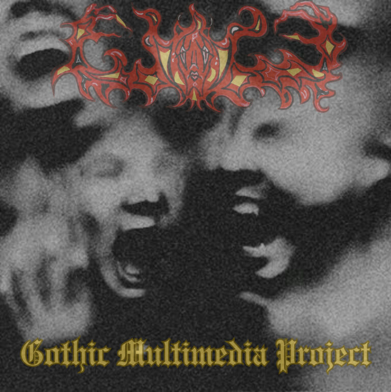 A blurry, grayscale image shows distorted faces in anguish. At the top, a red and orange ornate logo appears. At the bottom, gold gothic text reads “Gothic Multimedia Project,” reflecting its dark and surreal style.