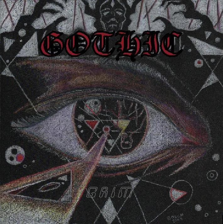 A surreal, dark-toned drawing features a large, detailed eye with geometric symbols in the iris. Above, bold red and black text reads "GOTHIC Multimedia Project." Below, faint text says "GRIM." Abstract shapes and shadowy faces surround the composition.