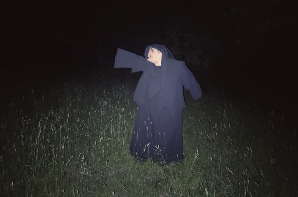 A figure in a long black robe and hood stands in tall grass at night. Their pale face is tilted upward, one arm raised as if reaching. The dim lighting heightens the eerie, mysterious atmosphere—perfect for a Gothic Multimedia Project.