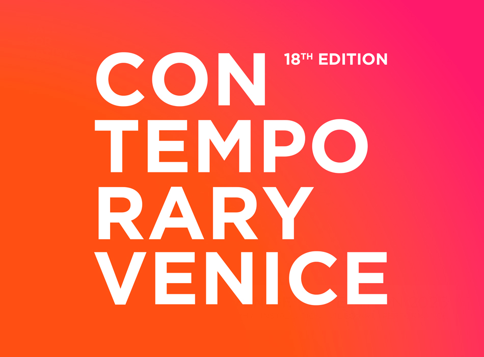 White text on an orange-to-pink gradient background reads: "CONTEMPORARY VENICE" in bold, stacked letters. In the upper right corner, smaller text says "18th EDITION.