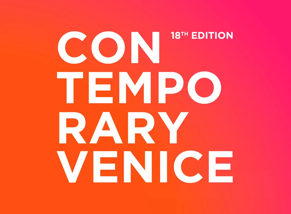 White text on an orange-to-pink gradient background reads: "CONTEMPORARY VENICE" in bold, stacked letters. In the upper right corner, smaller text says "18th EDITION.