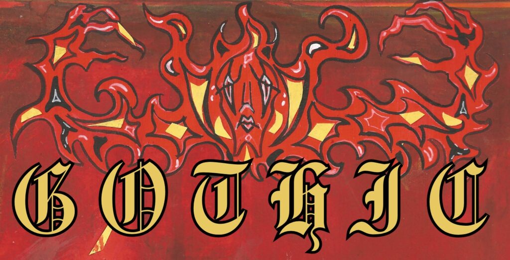 A bold, ornate word "GOTHIC" in large, gold and black gothic-style letters overlays a swirling, flame-like background—an unfathomable fusion of sharp patterns and subtle highlights for a truly dark and intense Gothic Multimedia Project.