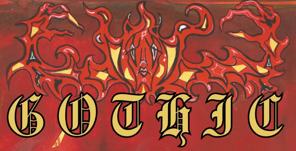 A bold, ornate word "GOTHIC" in large, gold and black gothic-style letters overlays a swirling, flame-like background—an unfathomable fusion of sharp patterns and subtle highlights for a truly dark and intense Gothic Multimedia Project.
