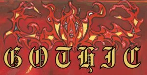 A bold, ornate word "GOTHIC" in large, gold and black gothic-style letters overlays a swirling, flame-like background—an unfathomable fusion of sharp patterns and subtle highlights for a truly dark and intense Gothic Multimedia Project.