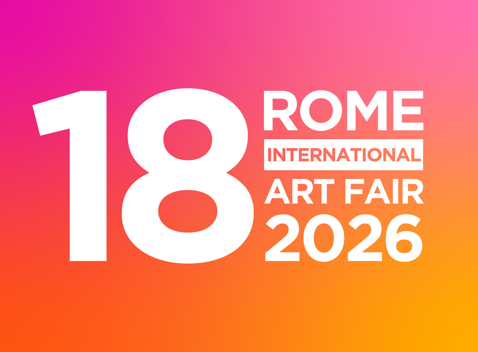 Bold white text reads "18 ROME INTERNATIONAL ART FAIR 2026" on a pink to orange gradient background. "INTERNATIONAL" is highlighted in a rectangle. The overall design is modern and visually striking.