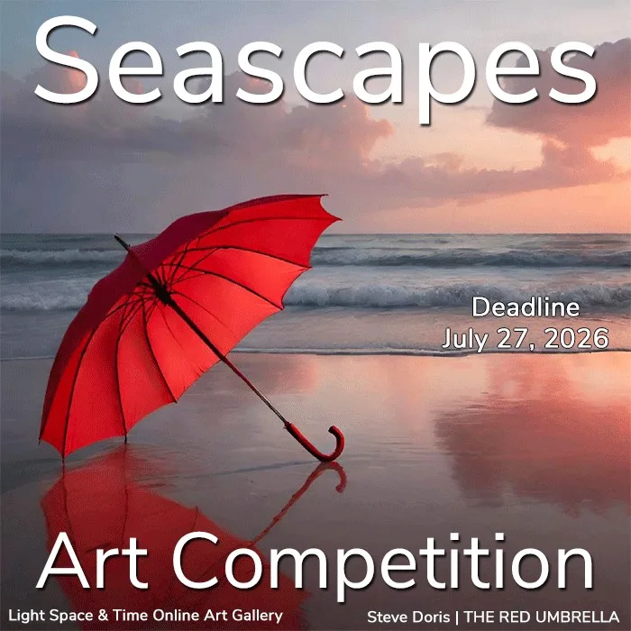 A bright red umbrella lies open on wet sand near gentle ocean waves at sunset. The sky and water reflect soft pink and purple hues. Text overlays announce the "Seascapes Art Competition," deadline July 27, 2026.