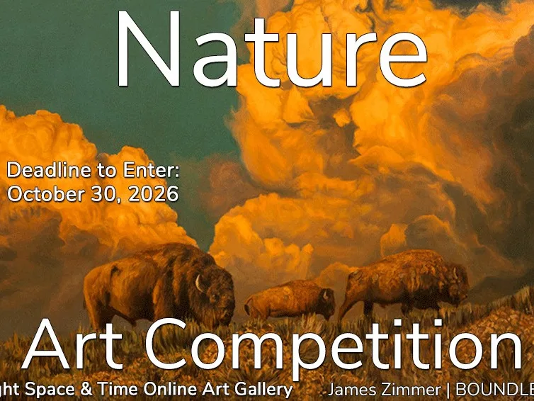 Painting of three bison walking in grass against a dramatic sky with orange clouds. Large white text reads “Nature Art Competition.” Smaller text below gives the entry deadline: October 30, 2026, and credits an online art gallery and James Zimmer.