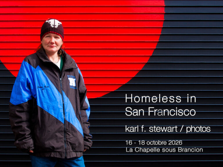 Homeless in San Francisco exhibition poster with a photographic portrait by Karl F. Stewart, dated 16–18 October 2026.
